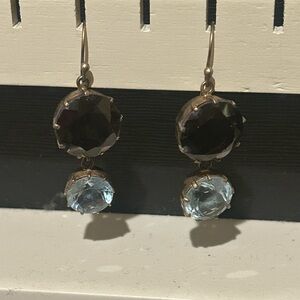 Vintage Gold Drop Earrings with Brown and Light Blue Stones